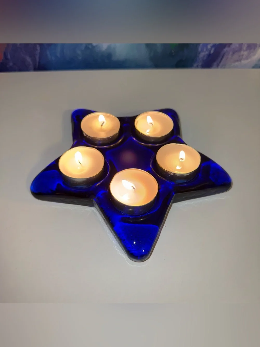 Blue Glass Star Candle Holder 5 Tea Light or Pillar Candle Celestial Whimsigoth